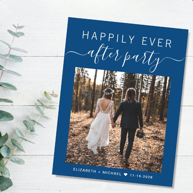 Happily Ever After Party Photo Blue Wedding Announcement Postcard (An chic Happily Ever After Party postcard invitation for your wedding celebration)