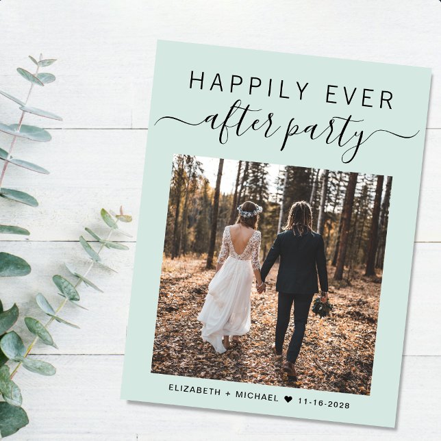 Happily Ever After Party Photo Mint Green Wedding Announcement Postcard (An chic Happily Ever After Party postcard invitation for your wedding celebration)