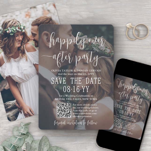 Happily Ever After Party Photo Overlay QR Wedding Save The Date (Creator Uploaded)
