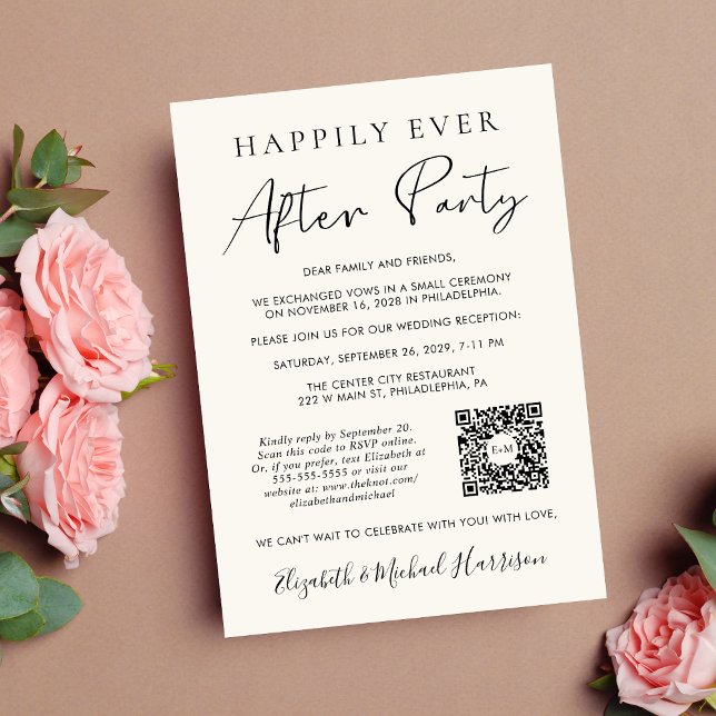Happily Ever After Party Photo QR Code Cream Announcement (Input you wedding website to automatically generate a scannable QR code)