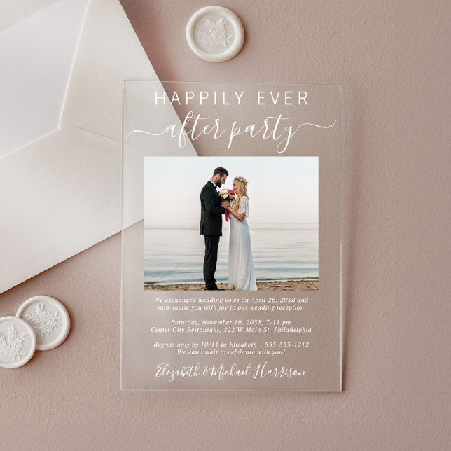 Happily Ever After Party Photo Wedding Reception Acrylic Invitations (Celebrate your Happily Ever After in style with our elegant acrylic wedding reception invitations)