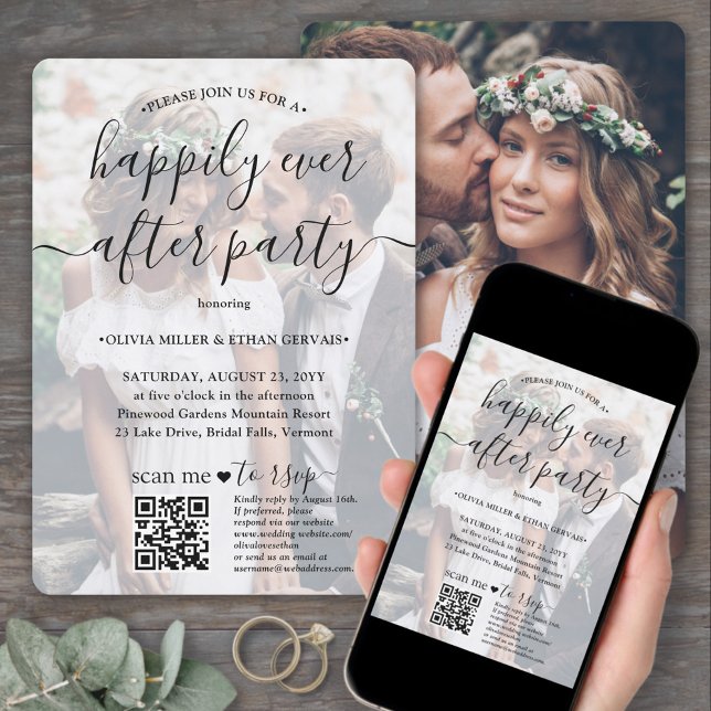Happily Ever After Party QR RSVP 2 Photo Wedding Invitation (Creator Uploaded)