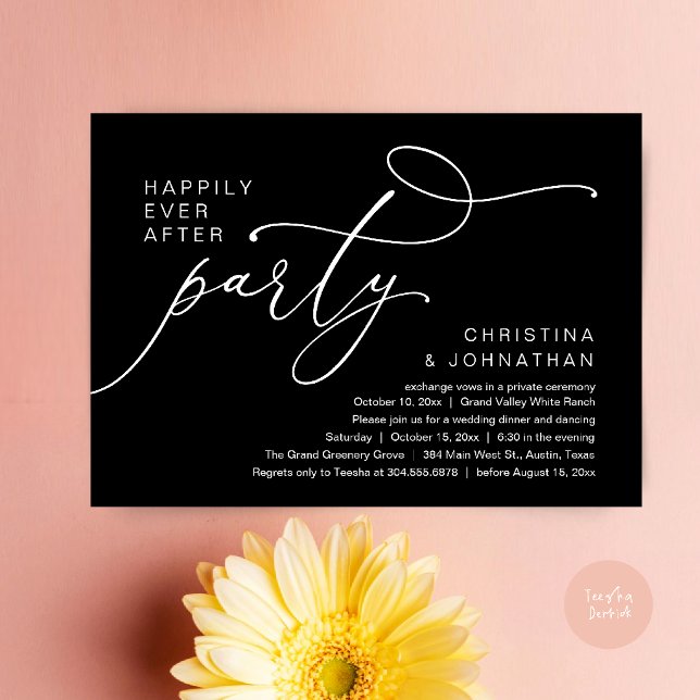 Happily Ever After Party, Romantic Wedding Dinner Invitation (Happily Ever After Party, Romantic Wedding Dinner Invitation card in classy black)