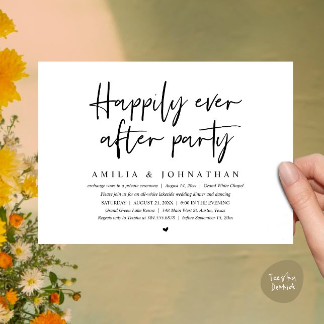 Happily Ever After Party, Romantic Wedding Dinner Invitation (Happily Ever After Party, After the wedding celebration Romantic Dinner Invites Card PDF White Black)