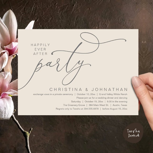 Happily Ever After Party, Romantic Wedding Dinner Invitation (Happily Ever After Party, Romantic Modern Elopement Dinner Dancing Invites Card PDF Cream Grey)