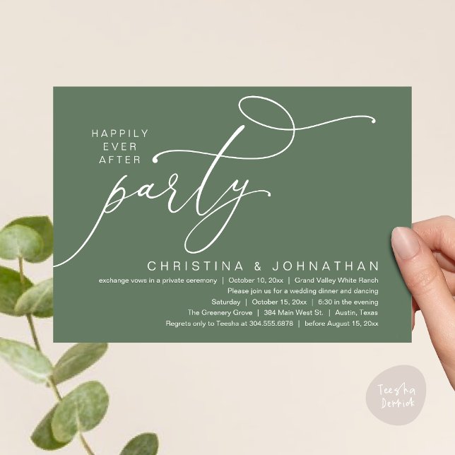 Happily Ever After Party, Romantic Wedding Dinner Invitation (Happily Ever After Party, Romantic Modern Elopement Dinner Dancing Invites Card PDF Sage Green)