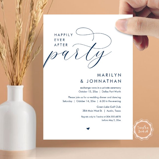 Happily Ever After Party, Romantic Wedding Dinner Invitation (Happily Ever After Party, Modern Romantic Wedding Dinner Invitation Card, PDF, in Navy Blue)