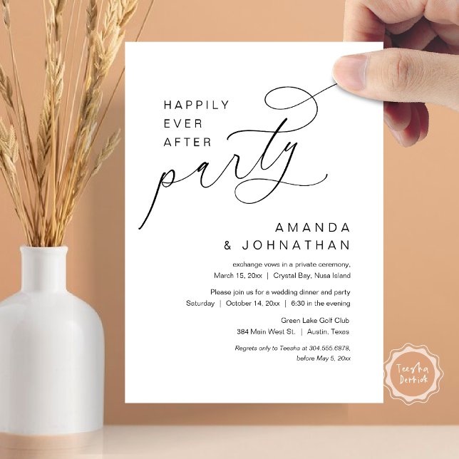 Happily Ever After Party, Romantic Wedding Invitation (Happily Ever After Party, Modern Romantic Wedding Dinner Invitation Card in Black and White)