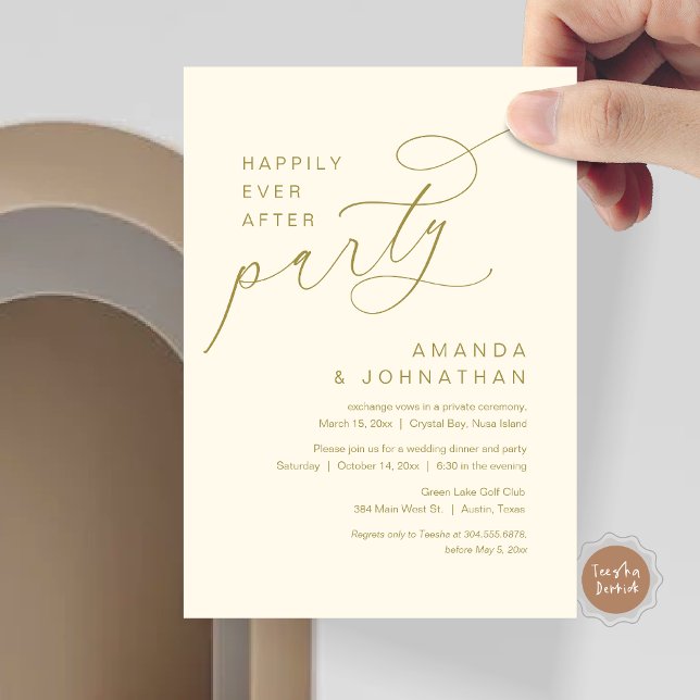 Happily Ever After Party, Romantic Wedding Invitation (Modern Romantic Script, Happily Ever After Party Invitation Card, in classy gold)