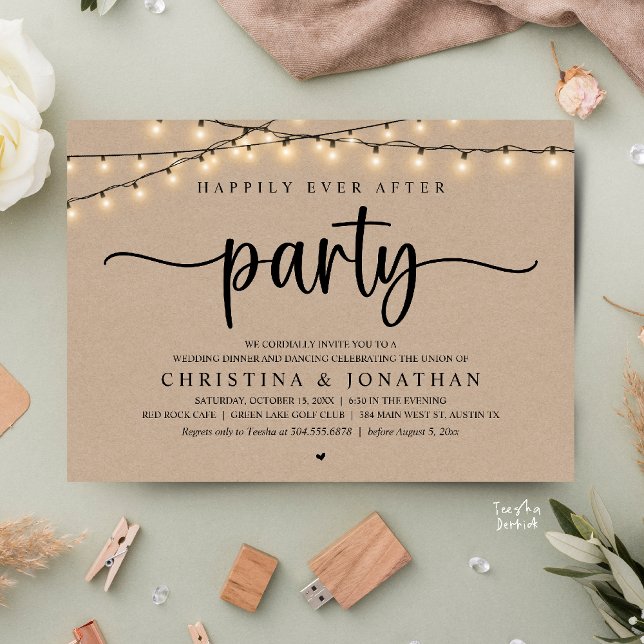 Happily Ever After Party, Rustic Wedding Dinner Invitation (Happily Ever After Party, Rustic Wedding Dinner Invitation Card,  cottage string lights, brown kraft)