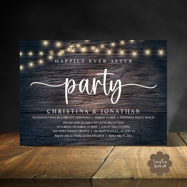 Happily Ever After party, Rustic Wedding Invitation (Happily Ever After party, Rustic Wedding reception Invitation Card string lights dark wood)