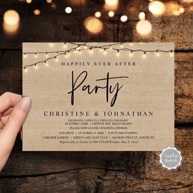 Happily Ever After party,  String Lights Elopement Invitation (Happily Ever After party, String Lights Brown Wood, Wedding Elopement Invitation Cards)