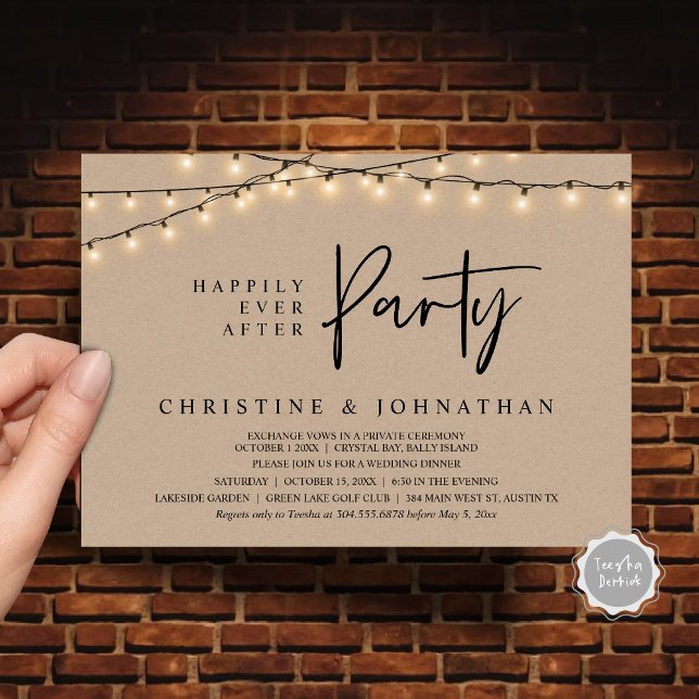 Happily Ever After party,  String Lights Elopement Invitation (Happily Ever After party, String Lights Brown Kraft, Wedding Elopement Invitation Cards)