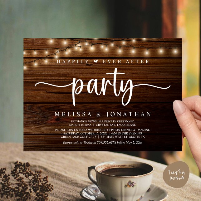Happily Ever After party,  String Lights Elopement Invitation (Happily Ever After Party, Cottage String Lights Elopement Invitation Card, PDF, Brown Wood)