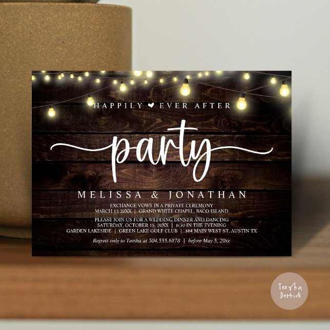 Happily Ever After party,  String Lights Elopement Invitation (Happily Ever After Party, Elopement Dinner Dancing, String Lights Invitation Card, PDF, Brown Wood)