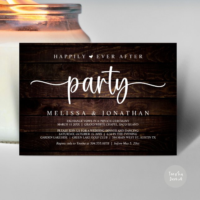 Happily Ever After party,  String Lights Elopement Invitation (Happily Ever After Party, Elopement Dinner Dancing, Rustic Cottage Invitation Card, PDF Brown Wood)