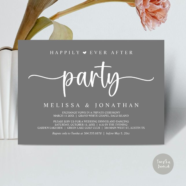 Happily Ever After party,  String Lights Elopement Invitation (Happily Ever After Party, Elopement Dinner Dancing, Rustic Cottage Invitation Card, PDF, Dark Grey)