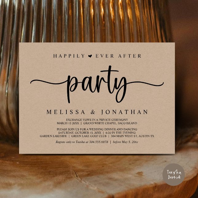 Happily Ever After party,  String Lights Elopement Invitation (Happily Ever After Party, Elopement Dinner Dancing, Rustic Cottage Invitation Card, PDF, Brown Kraft)