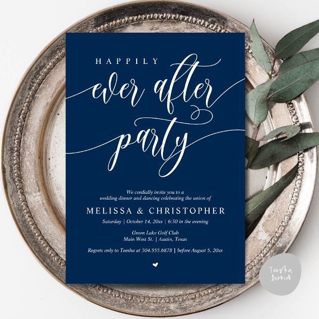 Happily Ever After Party, Wedding Dinner Dancing Invitation (Happily Ever After Party, Wedding Dinner and Dancing Invitation Card, PDF, in Navy Blue)