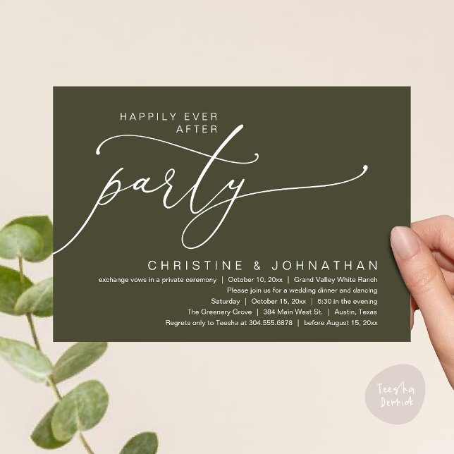 Happily Ever After Party, Wedding Dinner Dancing Invitation (Happily Ever After Party, Romantic Modern Elopement Dinner Dancing Invites Card PDF Olive Green)