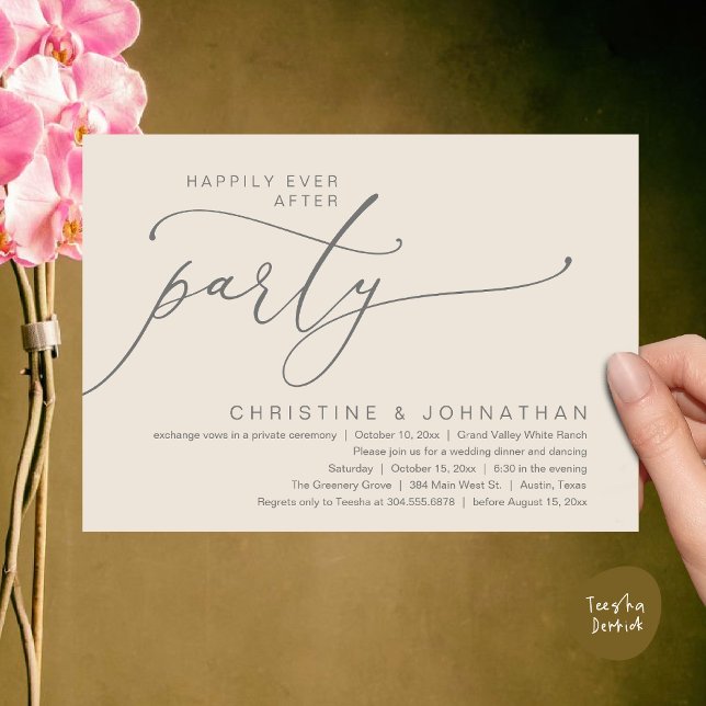 Happily Ever After Party, Wedding Dinner Dancing Invitation (Happily Ever After Party, Romantic Modern Elopement Dinner Dancing Invites Card PDF Cream Grey)