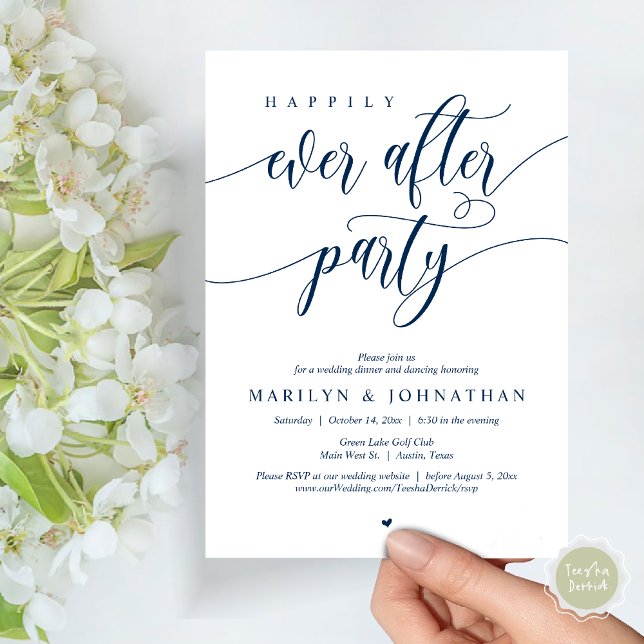 Happily Ever After Party, Wedding Dinner Dancing Invitation (Happily Ever After Party, Modern Minimalist Wedding Dinner Invitation Card, PDF, Navy Blue)