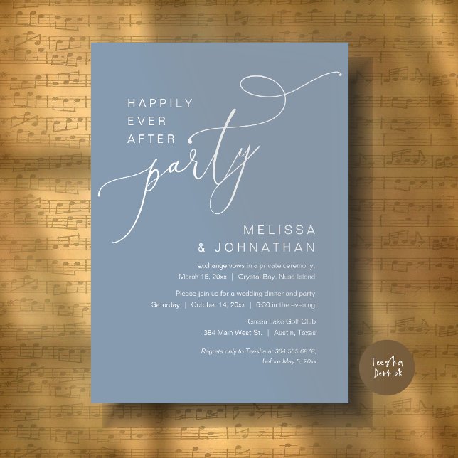 Happily Ever After Party Wedding Dinner Dusty Blue Invitation (Happily Ever After Party, Romantic Wedding Dinner and Dancing Invitation Card, PDF, in Dusty Blue)