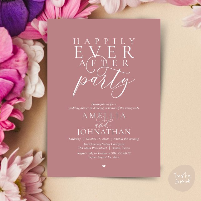 Happily Ever After Party Wedding Elopement Dinner Invitation (Happily Ever After Party Wedding Elopement Dinner Invitation Card in Dusty Rose Pink)