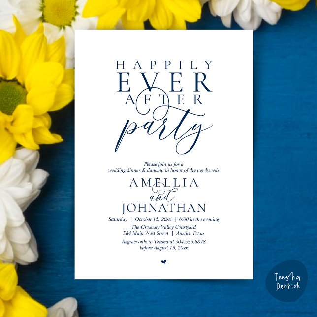 Happily Ever After Party Wedding Elopement Dinner Invitation (Happily Ever After Party Wedding Classy Elopement Dinner Invitation Card in Navy Blue)