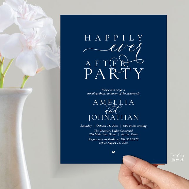 Happily Ever After Party Wedding Elopement Dinner Invitation (Happily Ever After Party Wedding Elopement Dinner Invitation Card in Navy Blue)