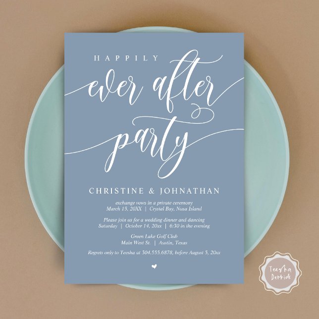 Happily Ever After Party, Wedding Elopement Dinner Invitation (Happily Ever After Party, Wedding Elopement Dinner Invitation Card, PDF, in Dusty Blue)
