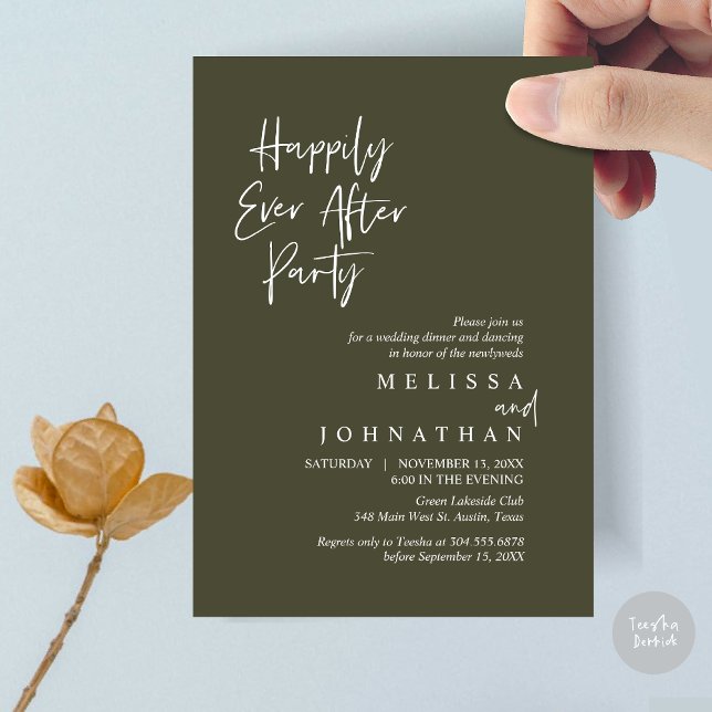 Happily Ever after Party, Wedding Elopement Dinner Invitation (Happily Ever after Party, Wedding Elopement Dinner Invitation Card, PDF, in Olive Green)