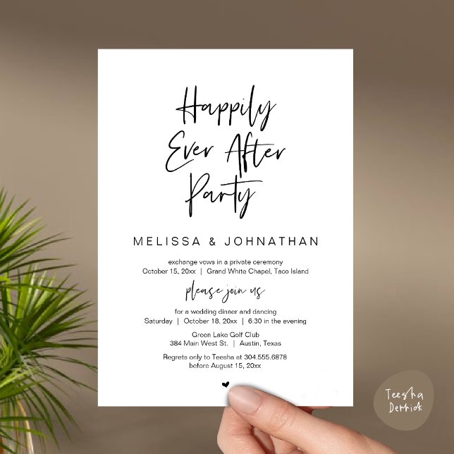 Happily Ever After Party, Wedding Elopement Dinner Invitation (Happily Ever After Party, Wedding Elopement Dinner Brunch Lunch Invitation Card, PDF, White Black)