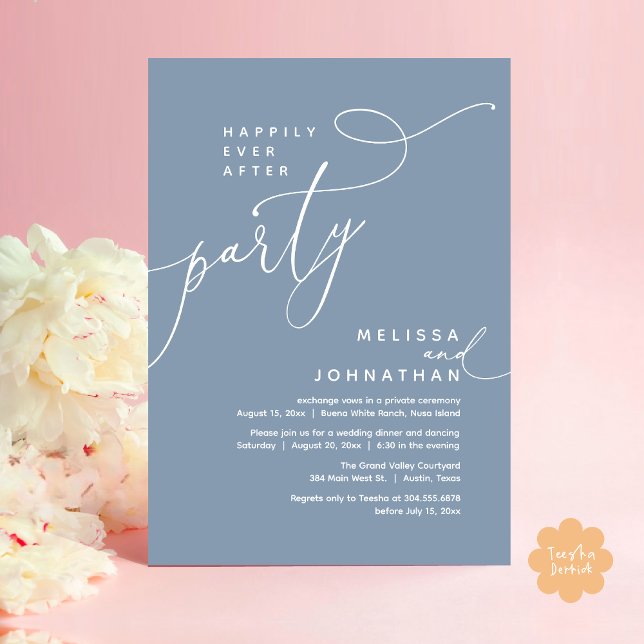 Happily Ever After Party Wedding Elopement Dinner Invitation (Romantic Happily Ever After Party Modern Wedding Elopement Dinner Invitation Card PDF Dusty Blue)