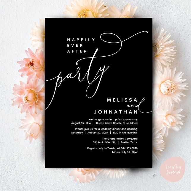 Happily Ever After Party Wedding Elopement Dinner Invitation (Romantic Happily Ever After Party Modern Wedding Elopement Dinner Invitation Card PDF Classy Black )