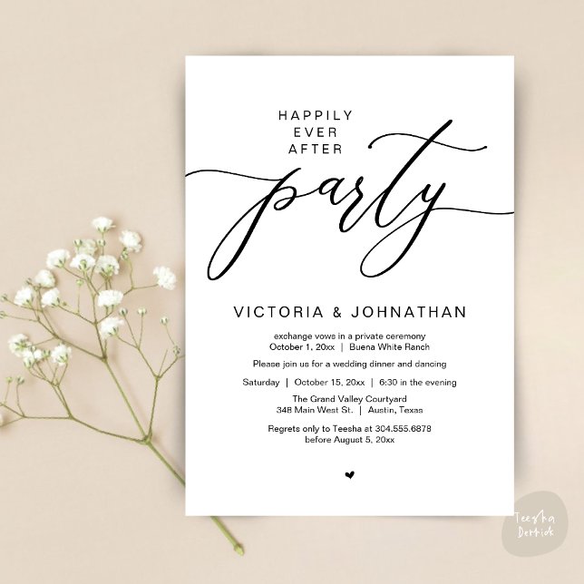 Happily Ever After Party Wedding Elopement Dinner Invitation (Romantic Happily Ever After Party Modern Wedding Elopement Dinner Invitation Card PDF White Black)