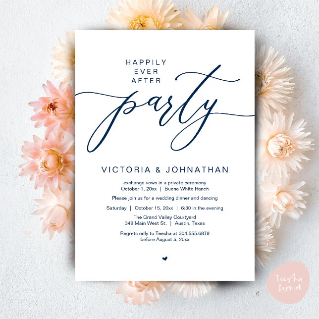 Happily Ever After Party Wedding Elopement Dinner Invitation (Romantic Happily Ever After Party Modern Wedding Elopement Dinner Invitation Card PDF Navy Blue)