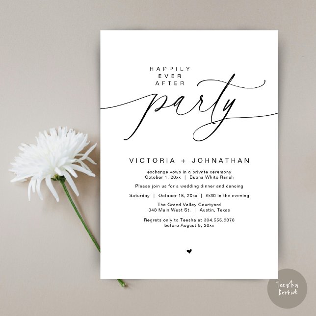 Happily Ever After Party Wedding Elopement Dinner Invitation (Romantic Happily Ever After Party Modern Wedding Elopement Dinner Invitation Card PDF White Black)