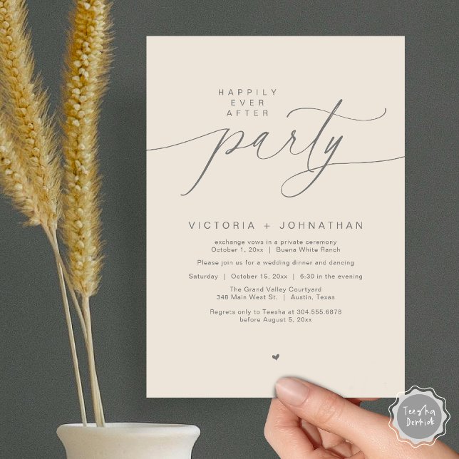 Happily Ever After Party Wedding Elopement Dinner Invitation (Romantic Happily Ever After Party Modern Wedding Elopement Dinner Invitation Card PDF Cream Grey)