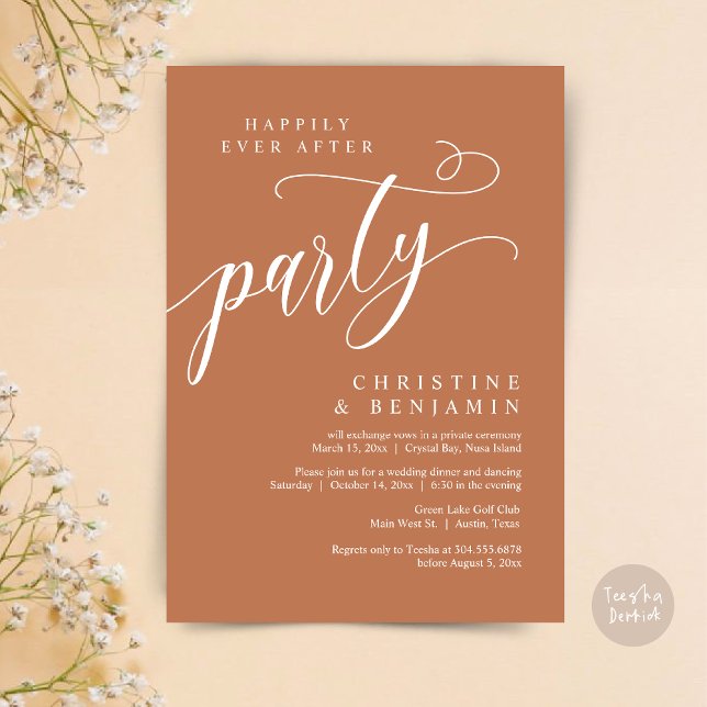 Happily Ever After Party, Wedding Elopement Invitation (Happily Ever After Party, Modern Romance Wedding Elopement Invitation Card, PDF, in Copper Brown)