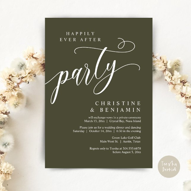 Happily Ever After Party, Wedding Elopement Invitation (Happily Ever After Party, Modern Romance Wedding Elopement Invitation Card, PDF, in Olive Green)