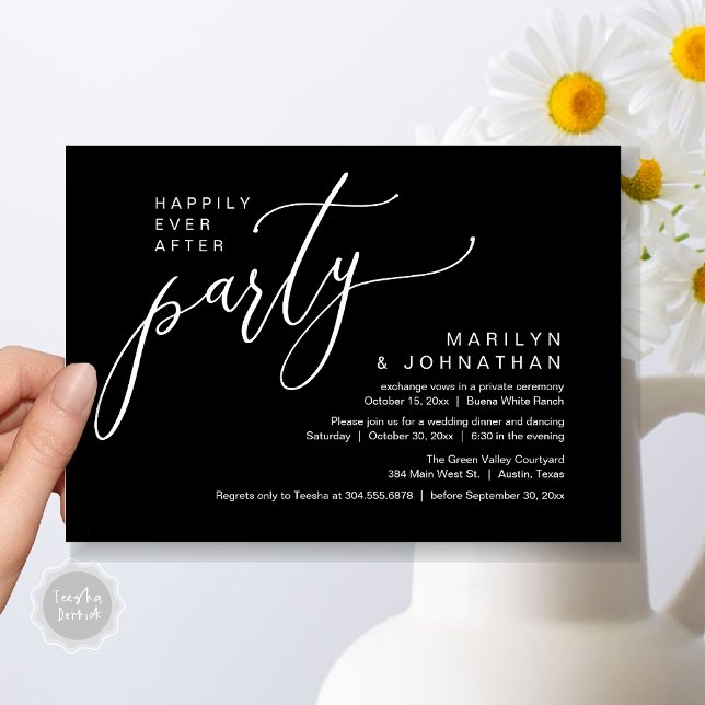 Happily Ever After Party Wedding Reception Dinner Invitation (Happily Ever After Party Modern Romantic Wedding Reception Dinner Invitation Card PDF Classy Black)