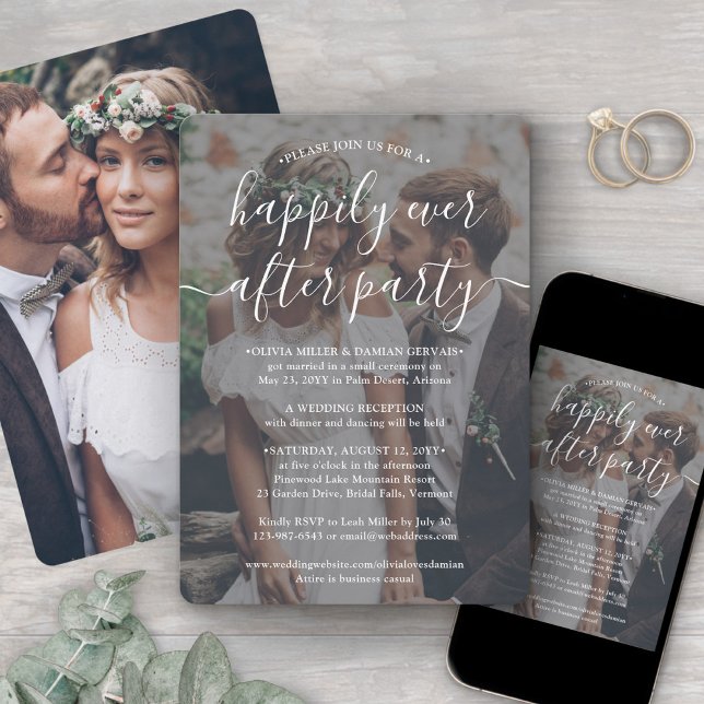 Happily Ever After Party White Text Photo Wedding Invitation (Creator Uploaded)