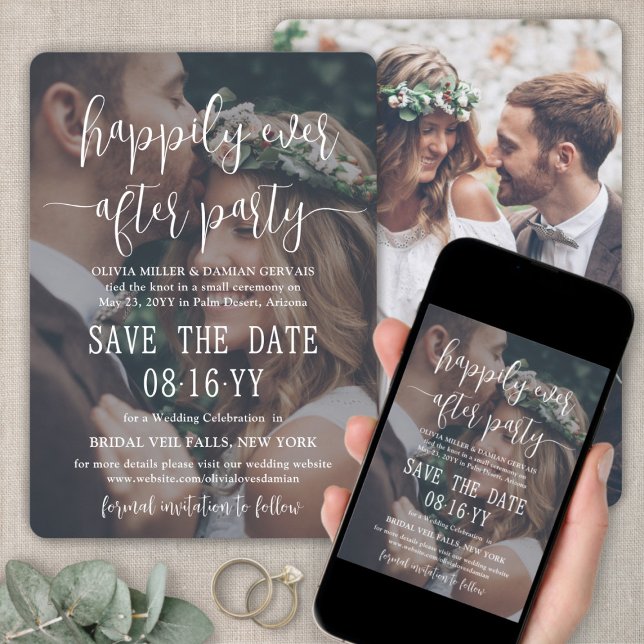 Happily Ever After Party White Text Photo Wedding Save The Date (Creator Uploaded)