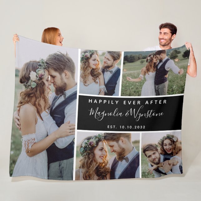 Happily Ever After Photo Collage Wedding Keepsake Fleece Blanket (In Situ)