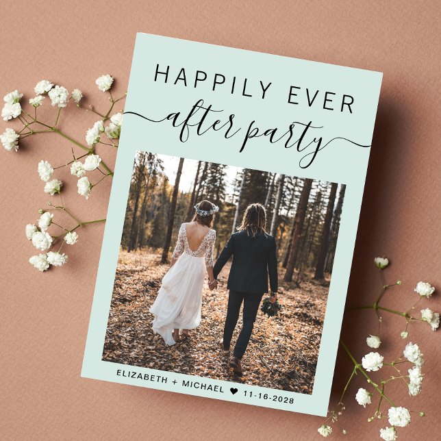 Happily Ever After Photo Mint Wedding Reception Announcement (An chic Happily Ever After Party Invitation to set the tone for an unforgettable event)