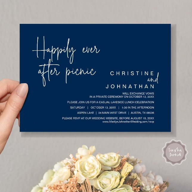 Happily Ever After Picnic, Wedding Elopement Invitation (Happily Ever After Picnic, Wedding Celebration Invitation Card, PDF, in Navy Blue)