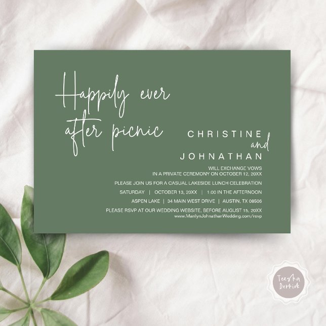 Happily Ever After Picnic, Wedding Elopement Invitation (Happily Ever After Picnic, Wedding Celebration Invitation Card, PDF, in Sage Green)