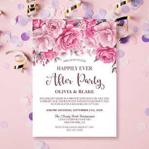 Happily Ever After Pink Floral Wedding Reception Invitation
