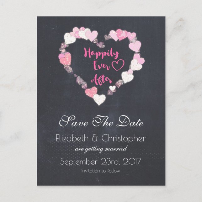 Happily Ever After Pink Hearts Save the Date Announcement Postcard (Front)